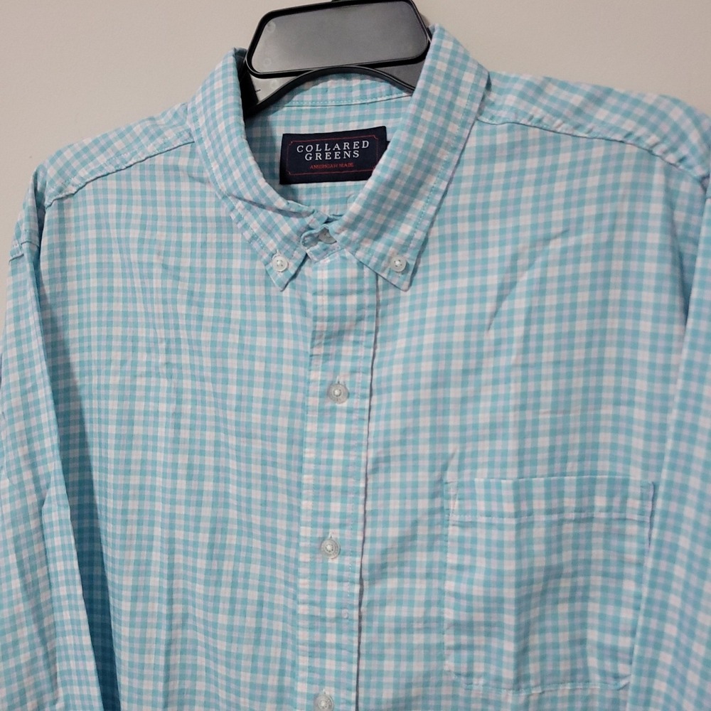 Collared Greens Button Down Shirt Mens XXL Blue Gingham Nylon Made USA Preppy